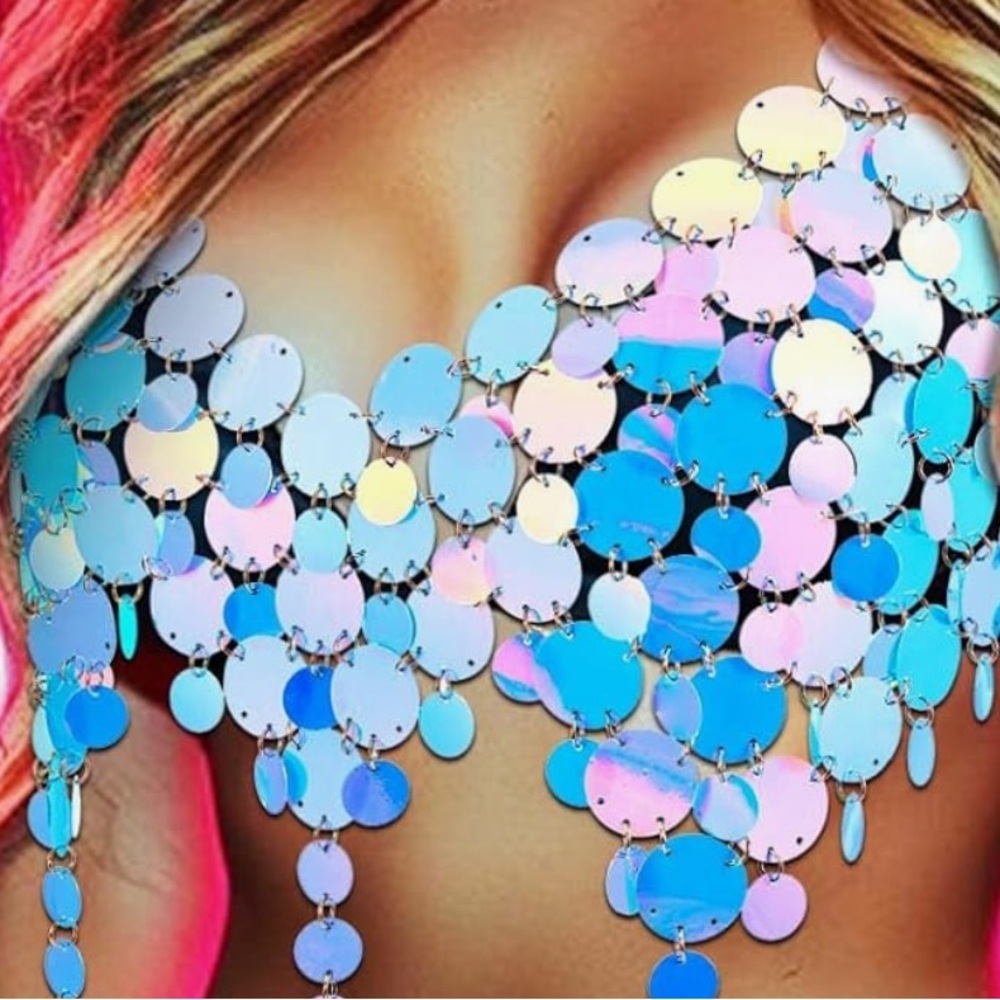 Irridescent holographic sequin mirror circles festival rave crop top bra chain - Picture 3 of 4